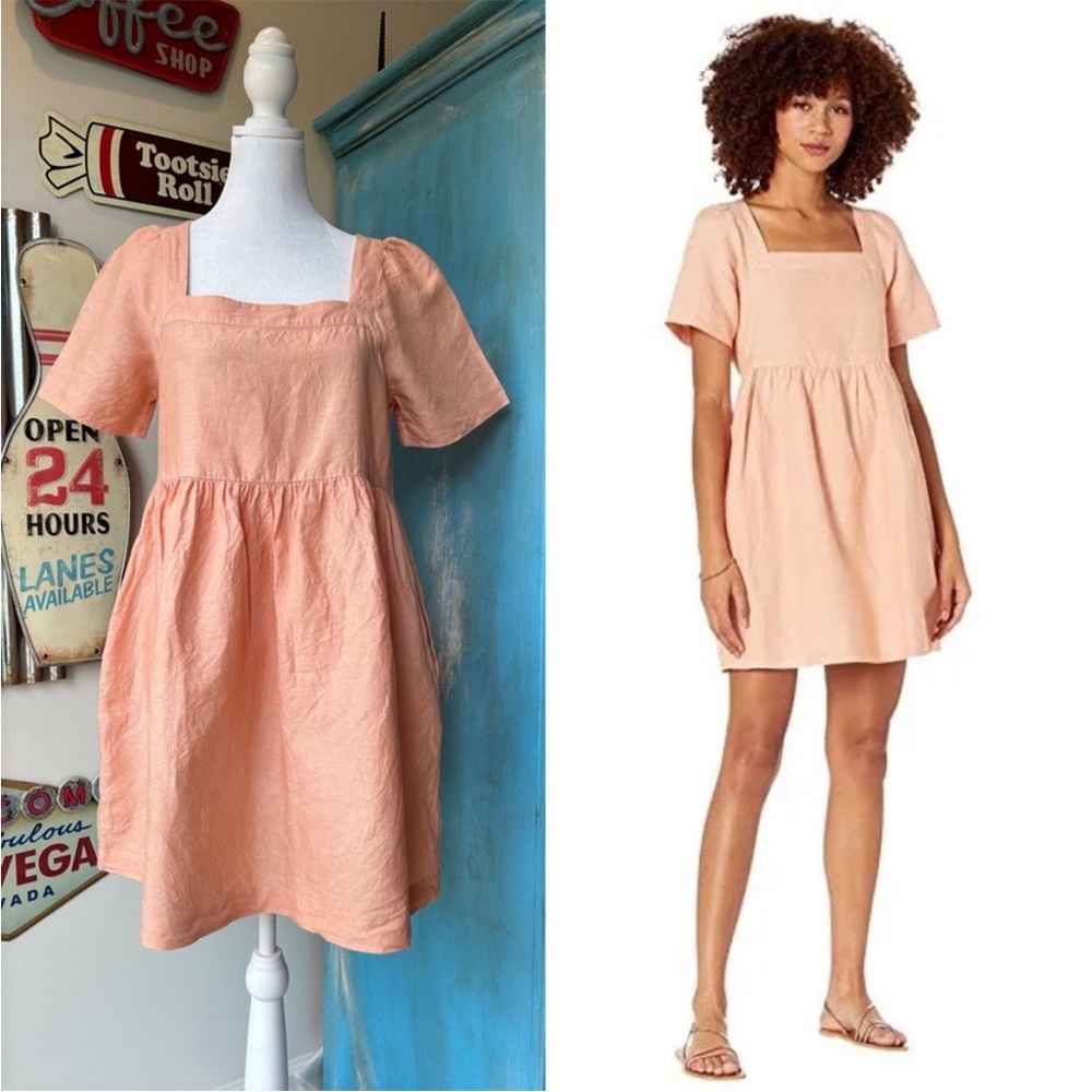 Madewell Creamsicle Allie Linen Blend Square Neck Babydoll Mini Dress - Picture 1 of 10